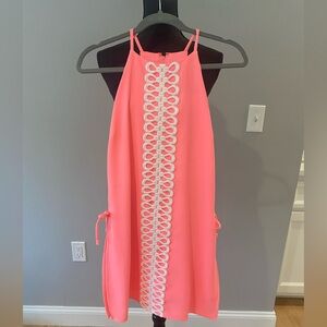 Pink Halter Dress with White Lace Detail